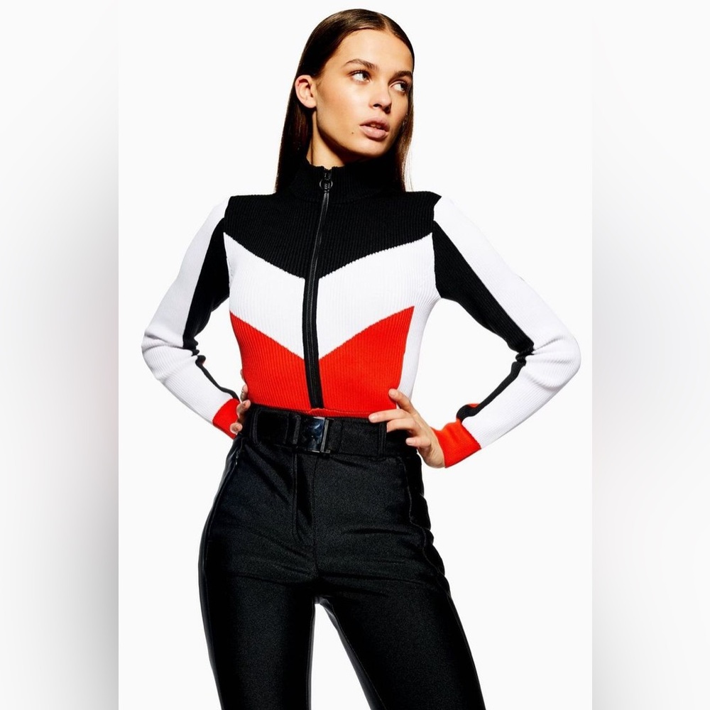TOPSHOP SNO Knit Long Sleeve Bodysuit Ski Snow Body Suit Small Red Black White